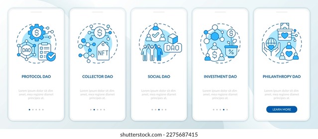 Types of DAOs blue onboarding mobile app screen. Internet industry walkthrough 5 steps editable graphic instructions with linear concepts. UI, UX, GUI template. Myriad Pro-Bold, Regular fonts used