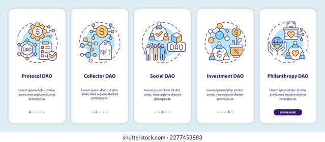 Types of DAOs onboarding mobile app screen. Internet industry walkthrough 5 steps editable graphic instructions with linear concepts. UI, UX, GUI template. Myriad Pro-Bold, Regular fonts used svg