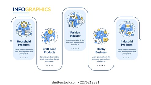 Types of DAOs rectangle infographic template. Internet industry. Data visualization with 5 steps. Editable timeline info chart. Workflow layout with line icons. Lato-Bold, Regular fonts used