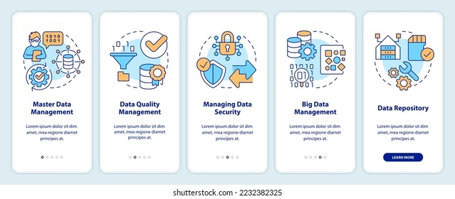 Tipos de pantalla de aplicaciones móviles de administración de datos. Recorrido de información 5 pasos instrucciones gráficas editables con conceptos lineales. UI, UX, plantilla GUI. Multitud de tipos de letra Pro-Bold, con uso regular