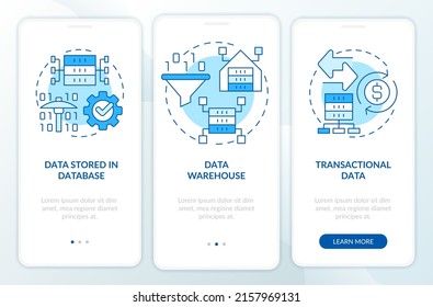 Types of data that can be mined blue onboarding mobile app screen. IoT walkthrough 3 steps graphic instructions pages with linear concepts. UI, UX, GUI template. Myriad Pro-Bold, Regular fonts used