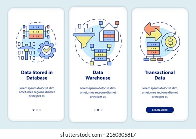 Types of data that can be mined onboarding mobile app screen. IoT walkthrough 3 steps graphic instructions pages with linear concepts. UI, UX, GUI template. Myriad Pro-Bold, Regular fonts used