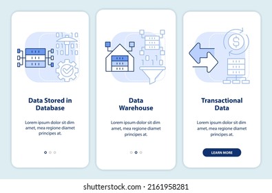 Types of data that can be mined light blue onboarding mobile app screen. Walkthrough 3 steps graphic instructions pages with linear concepts. UI, UX, GUI template. Myriad Pro-Bold, Regular fonts used