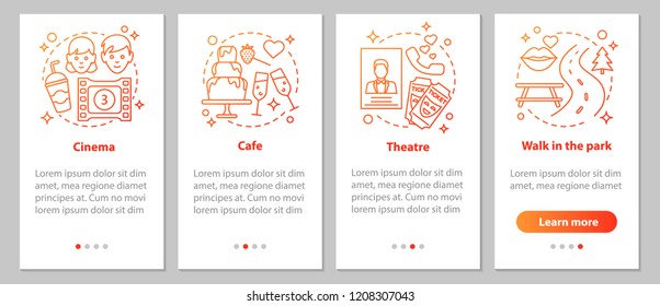Types of dates onboarding mobile app page screen with linear concepts. Cinema, cafe, theater, walk in the park steps graphic instructions. UX, UI, GUI vector template with illustrations
