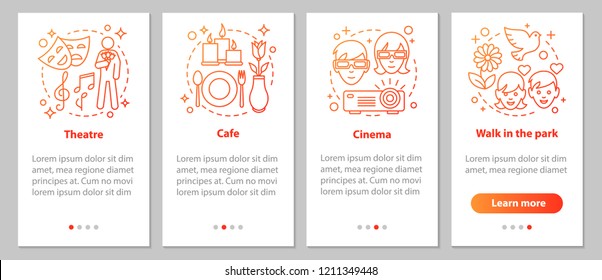 Types of dates onboarding mobile app page screen with linear concepts. Cinema, cafe, theater, walk in the park steps graphic instructions. UX, UI, GUI vector template with illustrations