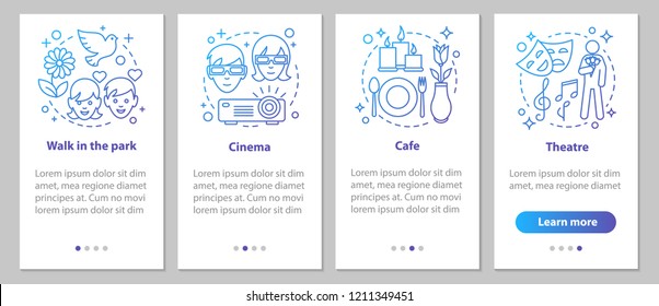 Types of dates onboarding mobile app page screen with linear concepts. Cinema, cafe, theater, walk in the park steps graphic instructions. UX, UI, GUI vector template with illustrations
