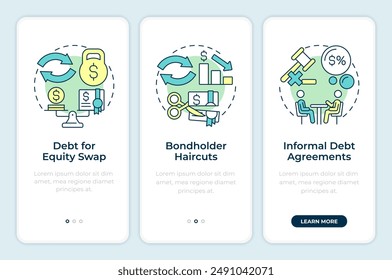 Types of debt restructuring methods onboarding mobile app screen. Walkthrough 3 steps editable graphic instructions with linear concepts. UI, UX, GUI template