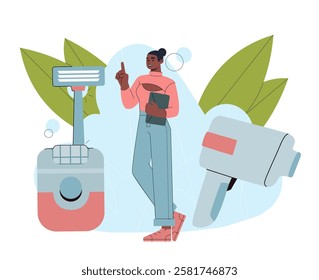 Types of depilation. Woman with razor and laser for hair removal. Skincare and beauty procedures. Dermatology and cosmetology. Wax and laser epilation. Flat vector illustration