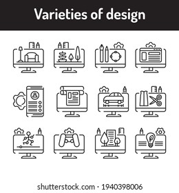 Types of design color line icons set. Pictograms for web page, mobile app, promo. UIUXGUI design element. Editable stroke.