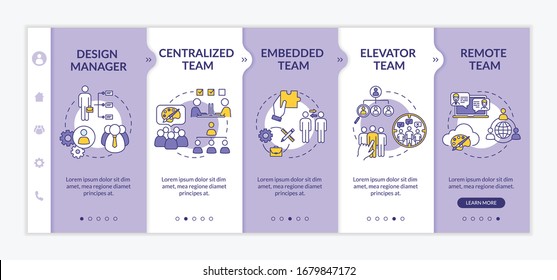 Types of design team onboarding vector template. Elevator teamwork. Remote and in house work group. Responsive mobile website with icons. Webpage walkthrough step screens. RGB color concept