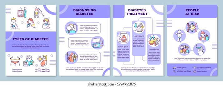 Tipo de plantilla de folleto sobre diabetes. Diagnóstico de la enfermedad. Volante, folleto, folleto impreso, diseño de portada con iconos lineales. Diseños vectoriales para presentación, informes anuales, páginas publicitarias