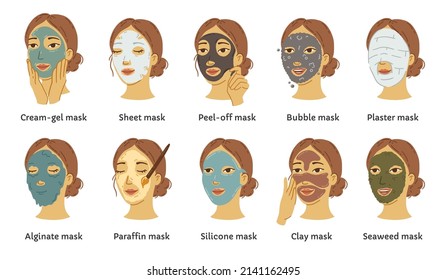 Types of different cosmetic masks vector infographic with female faces. A set of facial cleansers with clay, algae, collagen and bubbles. Tubes with cream and gel for beauty routine.