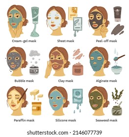 Types of different cosmetic masks vector infographic with female faces. A set of facial cleansers with clay, algae, collagen and bubbles. Tubes with cream and gel for beauty routine.