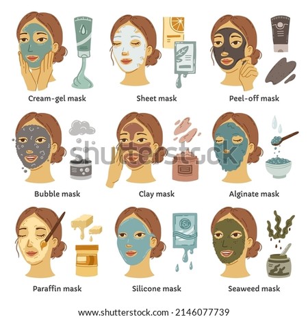 Types of different cosmetic masks vector infographic with female faces. A set of facial cleansers with clay, algae, collagen and bubbles. Tubes with cream and gel for beauty routine.