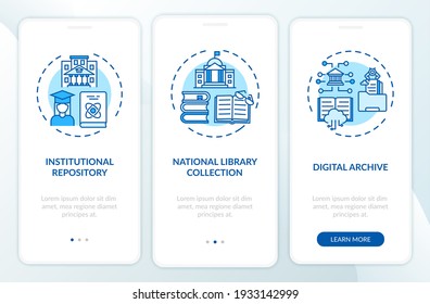 Types of digital libraries onboarding mobile app page screen with concepts. National library collection walkthrough 3 steps graphic instructions. UI vector template with RGB color illustrations