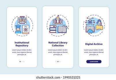 Types of digital libraries onboarding mobile app page screen with concepts. National library collection walkthrough 3 steps graphic instructions. UI vector template with RGB color illustrations