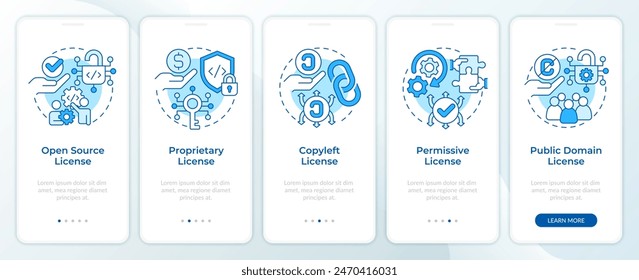 Types of digital licenses blue onboarding mobile app screen. Walkthrough 5 steps editable graphic instructions with linear concepts. UI, UX, GUI template