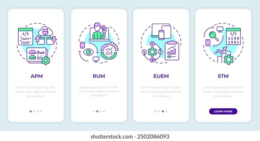 Tipos de monitoreo digital incorporando la pantalla del App móvil. Instrucciones gráficas editables de 4 pasos con conceptos lineales. PLANTILLA UI, UX, GUI