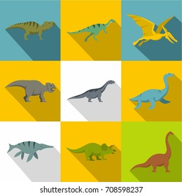 Types of dinosaur icon set. Flat style set of 9 types of dinosaur vector icons for web design