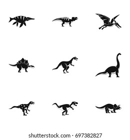 Types of dinosaur icons set. Simple set of 9 types of dinosaur vector icons for web isolated on white background