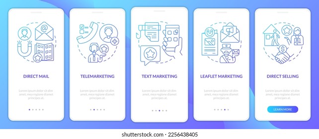 Types of direct marketing blue gradient onboarding mobile app screen. Walkthrough 5 steps graphic instructions with linear concepts. UI, UX, GUI template. Myriad Pro-Bold, Regular fonts used