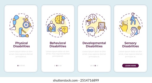 Types of disabilities onboarding mobile app screen. Walkthrough 4 steps editable graphic instructions with linear concepts. UI, UX, GUI template