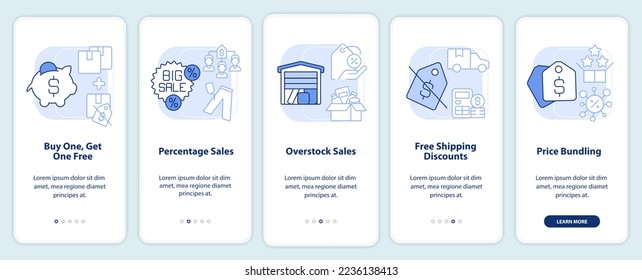Tipos de descuentos pantalla de aplicación móvil azul claro incorporado. Recorrido de ventas 5 pasos instrucciones gráficas editables con conceptos lineales. UI, UX, plantilla GUI. Multitud de tipos de letra Pro-Bold, con uso regular