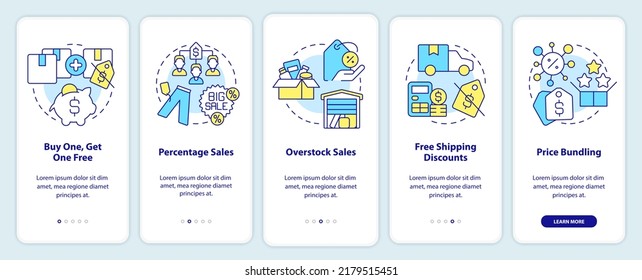 Tipos de descuentos en la pantalla de aplicaciones móviles. Recorrido de incentivos al cliente 5 pasos instrucciones gráficas editables con conceptos lineales. UI, UX, plantilla GUI. Multitud de tipos de letra Pro-Bold, con uso regular