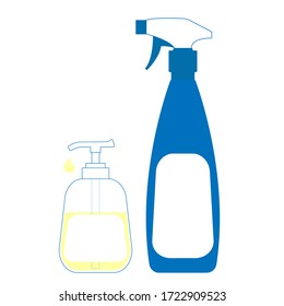 Types of disinfection, vector. Liquid soap with a dispenser and cleaning agent isolated on white background.
