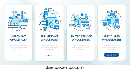 Types of distributors onboarding mobile app page screen. Distribution business walkthrough 5 steps graphic instructions with concepts. UI, UX, GUI vector template with linear color illustrations