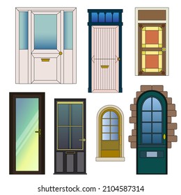 Types of doors. Design of different doors. Set of vector illustrations isolated on white background.
