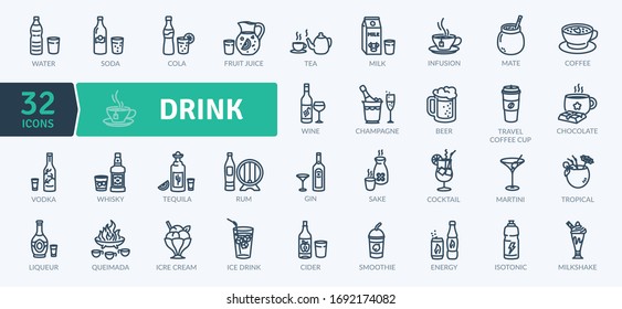 Types of Drink. Vector Icons Set. Thin Line design