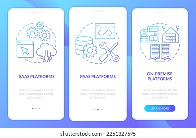 Types of ecommerce platforms blue gradient onboarding mobile app screen. Walkthrough 3 steps graphic instructions with linear concepts. UI, UX, GUI template. Myriad Pro-Bold, Regular fonts used