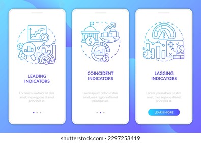 Types of economic indicators blue gradient onboarding mobile app screen. Walkthrough 3 steps graphic instructions with linear concepts. UI, UX, GUI template. Myriad Pro-Bold, Regular fonts used