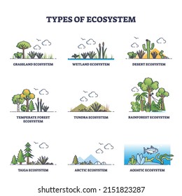 Types of ecosystem with various climate habitats outline collection set. Labeled educational scheme with environment division and scenery differences vector illustration. Flora and fauna categories.