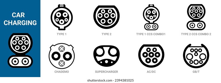 tipos de enchufes de vehículos eléctricos. enchufe y enchufe de conector de carga estándar. Conectores para vehículos eléctricos