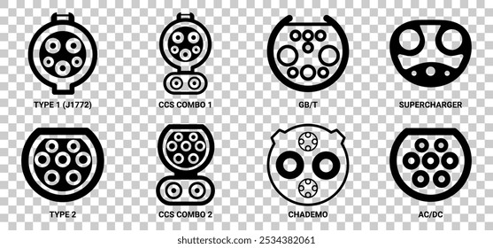 Tipos de enchufes de vehículos eléctricos. enchufe y enchufe de conector de carga estándar. Conectores para vehículos eléctricos. Recargo de coches eléctricos