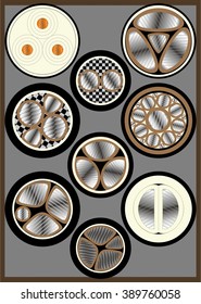 Types of electrical cables with various metal rods, sectional, on a gray background. 