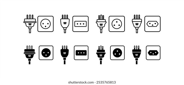 Types of electrical socket plugs, Type K, L, M, N, Different type power socket and plug. World standards. AC power connector, Icon vector of International electronic socket in tranparent background