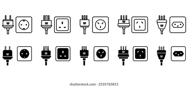 Types of electrical socket plugs, Type F, G, H, I, J, Different type power socket and plug. World standards. AC power connector, Icon vector of International electronic socket in tranparent background