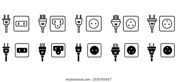 Tipos de plugues de tomada elétrica, Tipo A, B, C, D, E, tomada de alimentação de tipo diferente e plugue. Padrões mundiais. Conector de alimentação CA, vetor de ícones de soquete eletrônico internacional em fundo transparente