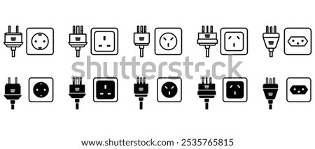 Types of electrical socket plugs, Type F, G, H, I, J, Different type power socket and plug. World standards. AC power connector, Icon vector of International electronic socket in tranparent background