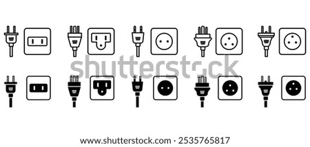 Types of electrical socket plugs, Type A, B, C, D, E, Different type power socket and plug. World standards. AC power connector, Icon vector of International electronic socket in tranparent background