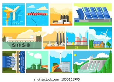 Types of electricity generation plants and alternative energy sources. Electricity production stations. Colorful flat vector design