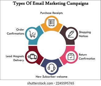 Types of an email marketing campaigns with icons in an infographic template