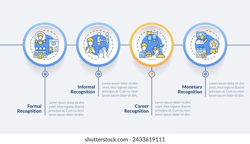 Tipos de plantilla de infografía de círculo azul de reconocimiento de empleados. Visualización de datos con 4 pasos. Gráfico de información de línea de tiempo editable. Diseño de flujo de trabajo con iconos de línea. Lato-Bold, fuentes normales utilizadas