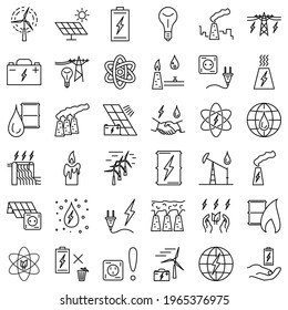 Types of energy - atom, gas, oil, electricity, water. Hydroelectric power plants, nuclear power plant, oil tower. Set of vector icons, isolated, Outline, perfect pixel 48x48.