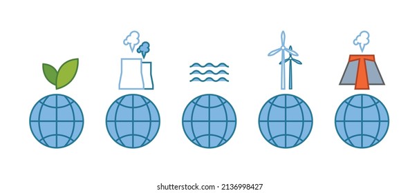 Types of energy sources. Natural resources. Energy sources infographics in flat and outline graphic style. The energy of the sun, wind, water, earth.