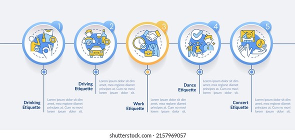 Types of etiquette circle infographic template. Set of rules. Data visualization with 5 steps. Process timeline info chart. Workflow layout with line icons. Lato-Bold, Regular fonts used