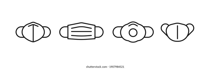 Types of facial masks. N95, FFP2, disposable medical mask, mask respirator with valve and reusable cloth mask. Coronavirus protection. Covid-19. Vector illustration, flat design